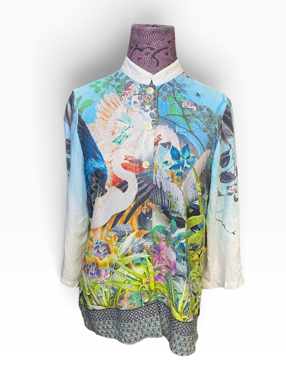 Citron Santa Monica Crane Birds Print Silk Top